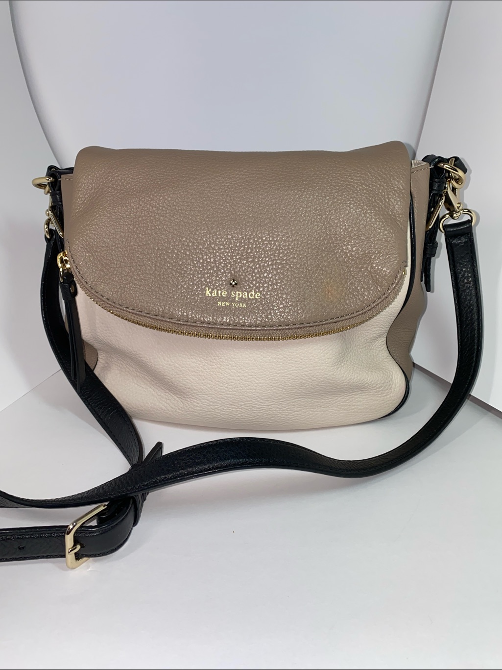 Kate Spade Taupe, Ivory & Black Pebbled Leather Crossbody